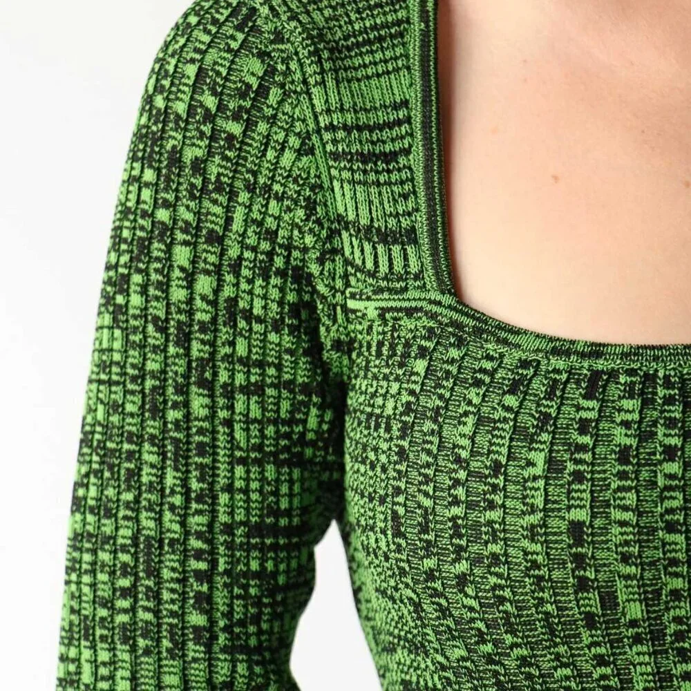 Ganni Melange Dress Midi Green Knit Long Sleeve Bodycon XS